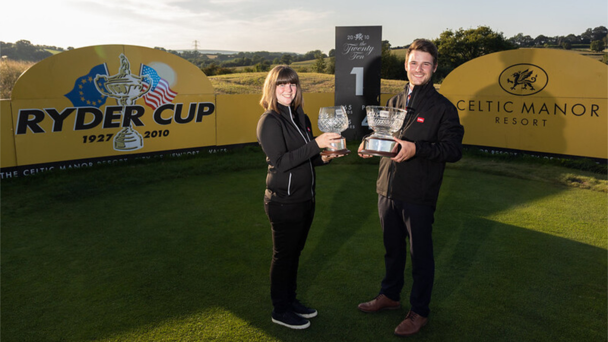 2021 winners Rhian Barton and Matthew Milligan with the Toro Student Greenkeeper of the Year trophies.jpg